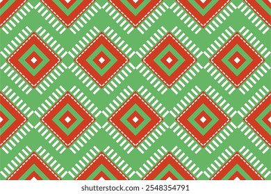 Geometric red triangle shape and white rectangle on bright green pattern design for texture and vector background. Christmas holiday concept