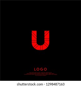 geometric red U logo letter with abstract stripe lines design concept