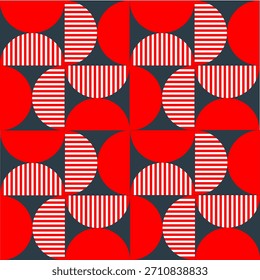 Geometric red and white background with repeating star and circle patterns. Black and white background with a bold, modern texture. Minimal retro geometric star pattern vector background