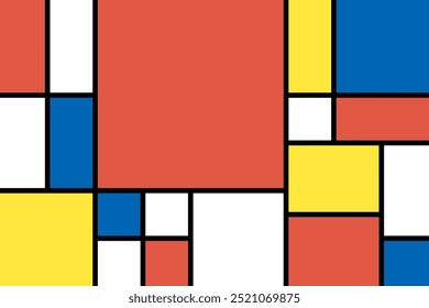 Geometric red, white, blue, black design. Bauhaus retro pattern design. Piet Mondrian style art. Bright geometric design. Multicolor background