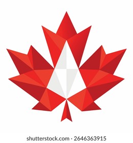 Geometric red and white maple leaf isolated on white background