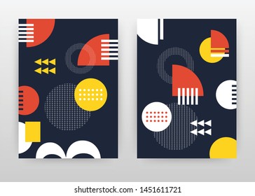 Geometric red yellow white elements on blue design for annual report, brochure, flyer, poster. Geometric round dots lines background vector illustration poster. Business abstract A4 brochure template.