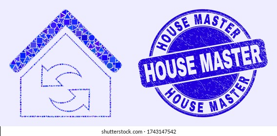 Geometric refresh house mosaic icon and House Master stamp. Blue vector rounded textured stamp with House Master message. Abstract mosaic of refresh house designed of spheric, triangles,