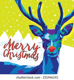 Geometric Reindeer on Green with Snow and Merry Christmas Text