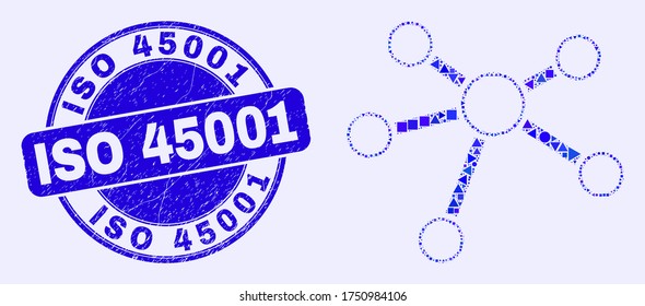 La relación geométrica enlaza el icono del mosaico con la marca de agua ISO 45001. Marca de agua con textura de forma redondeada de vector azul con texto ISO 45001. Mosaico abstracto de vínculos de relación hechos de esférica, tringle,