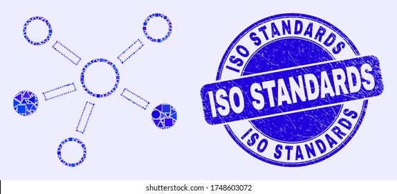 Geometric relations mosaic pictogram and ISO Standards seal stamp. Blue vector round textured seal stamp with ISO Standards text. Abstract mosaic of relations combined of spheric, tringle,