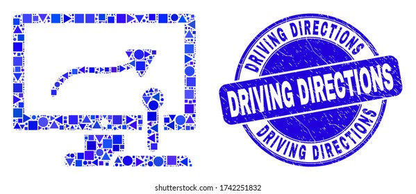 Geometric remote control display mosaic pictogram and Driving Directions stamp. Blue vector round grunge seal stamp with Driving Directions message.