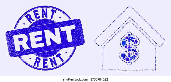 Geometric rent house mosaic icon and Rent watermark. Blue vector round scratched watermark with Rent message. Abstract mosaic of rent house combined of spheric, tringle, square geometric items.