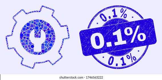 Geometric repair gear mosaic icon and 0.1% seal stamp. Blue vector rounded grunge seal stamp with 0.1% phrase. Abstract mosaic of repair gear designed of sphere, triangles, square geometric elements.