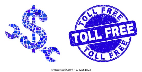 Geometric repair price mosaic pictogram and Toll Free stamp. Blue vector round textured stamp with Toll Free title. Abstract composition of repair price created of round, tringle,