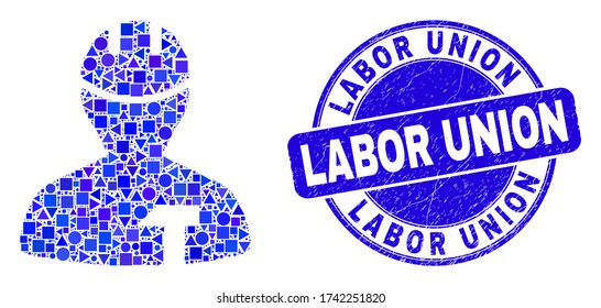 Geometric repairman mosaic pictogram and Labor Union watermark. Blue vector round textured watermark with Labor Union title. Abstract mosaic of repairman combined of sphere, tringle,