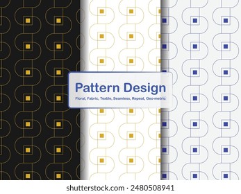 geometric repeat pattern design with multiple color gold, blue, black and whit.