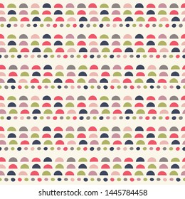Geometric repeat pattern of hand drawn semi circles and spots. Vector seamless abstract design background.
