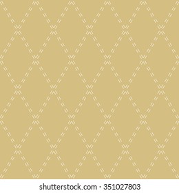 Geometric repeating golden vector ornament with diagonal white lines. Seamless abstract modern pattern