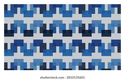 Geometric repeating pattern featuring overlapping square shapes in various blue shades creating a stair step mosaic design.