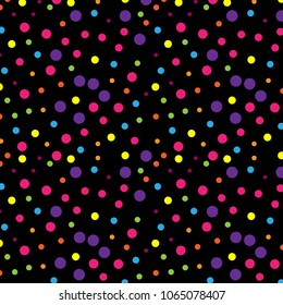 geometric repeating pattern of random colorful bright circles over black background. cheerful vivid design for textile, fabric, surface and backgrounds.