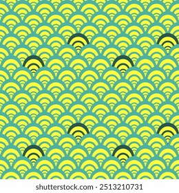 Geometric Repeating Pattern with Yellow and Green Scallop-Shaped Arcs