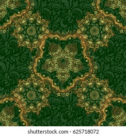 Geometric repeating seamless pattern with hexagon shapes in gold gradient on a green background. Vector illustration.