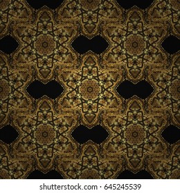 Geometric repeating seamless pattern with hexagon shapes in gold gradient on a black background. Vector illustration.