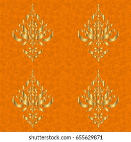 Geometric repeating seamless pattern with hexagon shapes in gold gradient on a orange background. Vector illustration.