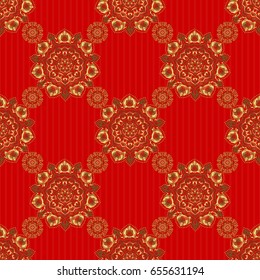 Geometric repeating seamless pattern with hexagon shapes in gold gradient on a red background. Vector illustration.