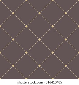Geometric repeating vector brown ornament with diagonal golden dots. Seamless abstract modern pattern