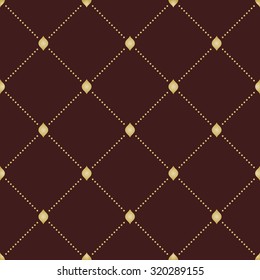 Geometric repeating vector brown ornament with diagonal golden dots. Seamless abstract modern pattern