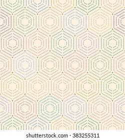 Geometric repeating vector colorful colored ornament with hexagonal dotted elements. Seamless abstract modern pattern