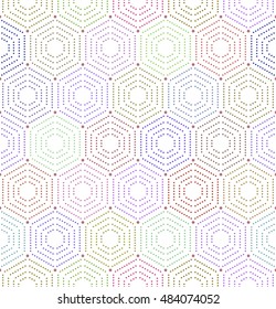 Geometric repeating vector colorful ornament with hexagonal dotted elements. Seamless abstract modern pattern