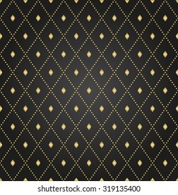 Geometric repeating vector dark ornament with diagonal golden dots. Seamless abstract modern pattern