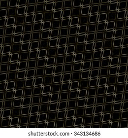 Geometric repeating vector dark ornament with golden diagonal dotted lines. Seamless abstract modern pattern