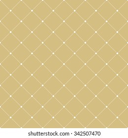 Geometric repeating vector golden ornament with white diagonal dotted lines. Seamless abstract modern pattern