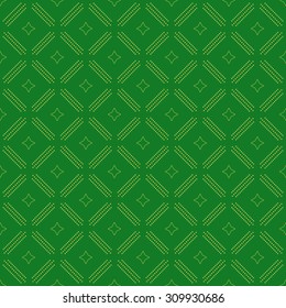 Geometric repeating vector green ornament with diagonal golden dots. Seamless abstract modern pattern