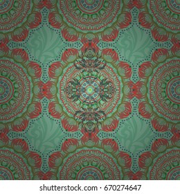 Geometric repeating vector ornament with brown and green elements. Seamless abstract modern multicolored pattern.