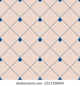 Geometric repeating vector ornament with diagonal lines and circles. Seamless abstract modern dark and light blue and beige pattern. Apparel pattern, lines and drops.