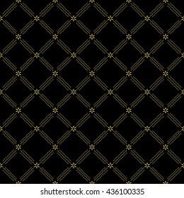 Geometric repeating vector ornament with diagonal dotted lines. Seamless abstract modern background. Black and golden pattern