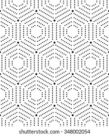 Geometric repeating vector ornament with dotted hexagons. Seamless abstract modern black and white pattern