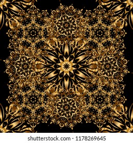 Geometric repeating vector ornament with golden elements. Seamless abstract modern pattern on a black backdrop. Black and golden seamless pattern.