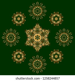 Geometric repeating vector ornament with golden elements. Seamless abstract modern pattern on a green backdrop. Green and golden seamless pattern.