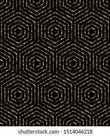 Geometric repeating vector ornament with golden hexagonal dotted elements. Geometric modern ornament. Seamless abstract modern pattern