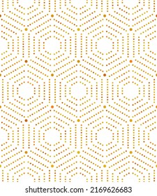Geometric repeating vector ornament with golden hexagonal dotted elements. Geometric modern ornament. Seamless abstract modern pattern