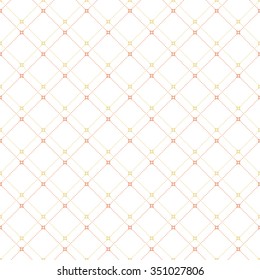 Geometric repeating vector ornament with golden and pink diagonal dotted lines. Seamless abstract modern pattern