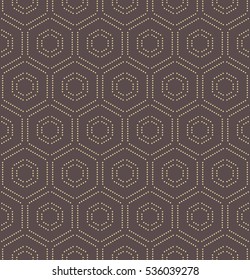 Geometric repeating vector ornament with golden hexagonal dotted elements. Geometric modern ornament. Seamless abstract modern pattern