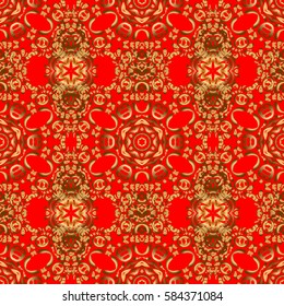 Geometric repeating vector ornament with golden elements. Seamless abstract modern pattern on a red backdrop. Red and golden seamless pattern.