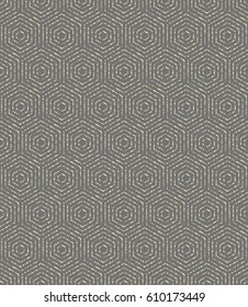 Geometric repeating vector ornament with golden hexagonal dotted elements. Geometric modern ornament. Seamless abstract modern pattern