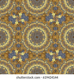 Geometric repeating vector ornament with golden elements. Seamless abstract modern pattern on a gray backdrop. Gray and golden seamless pattern.