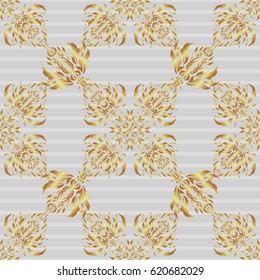 Geometric repeating vector ornament with golden elements. Seamless abstract modern pattern on a gray backdrop. Gray and golden seamless pattern.