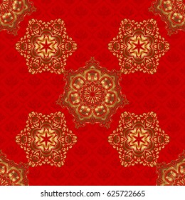 Geometric repeating vector ornament with golden elements. Seamless abstract modern pattern on a red backdrop. Red and golden seamless pattern.
