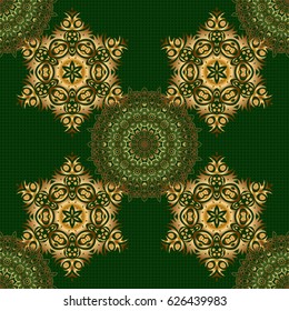 Geometric repeating vector ornament with golden elements. Seamless abstract modern pattern on a green backdrop. Green and golden seamless pattern.