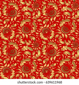 Geometric repeating vector ornament with golden elements. Seamless abstract modern pattern on a red backdrop. Red and golden seamless pattern.